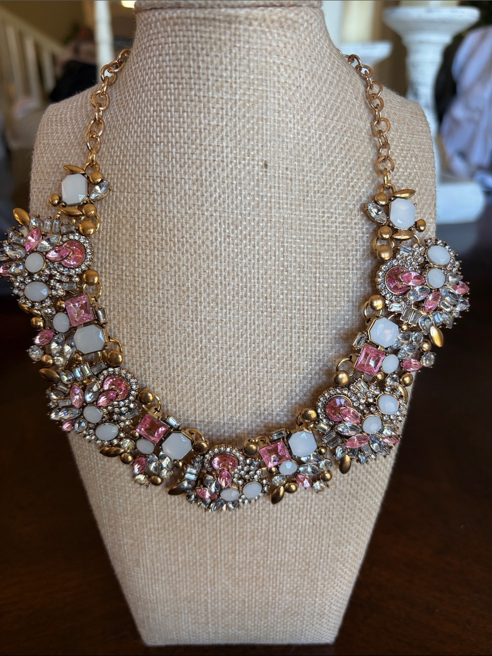 Gold-Tone Floral Statement Necklace with Pink and White Stones